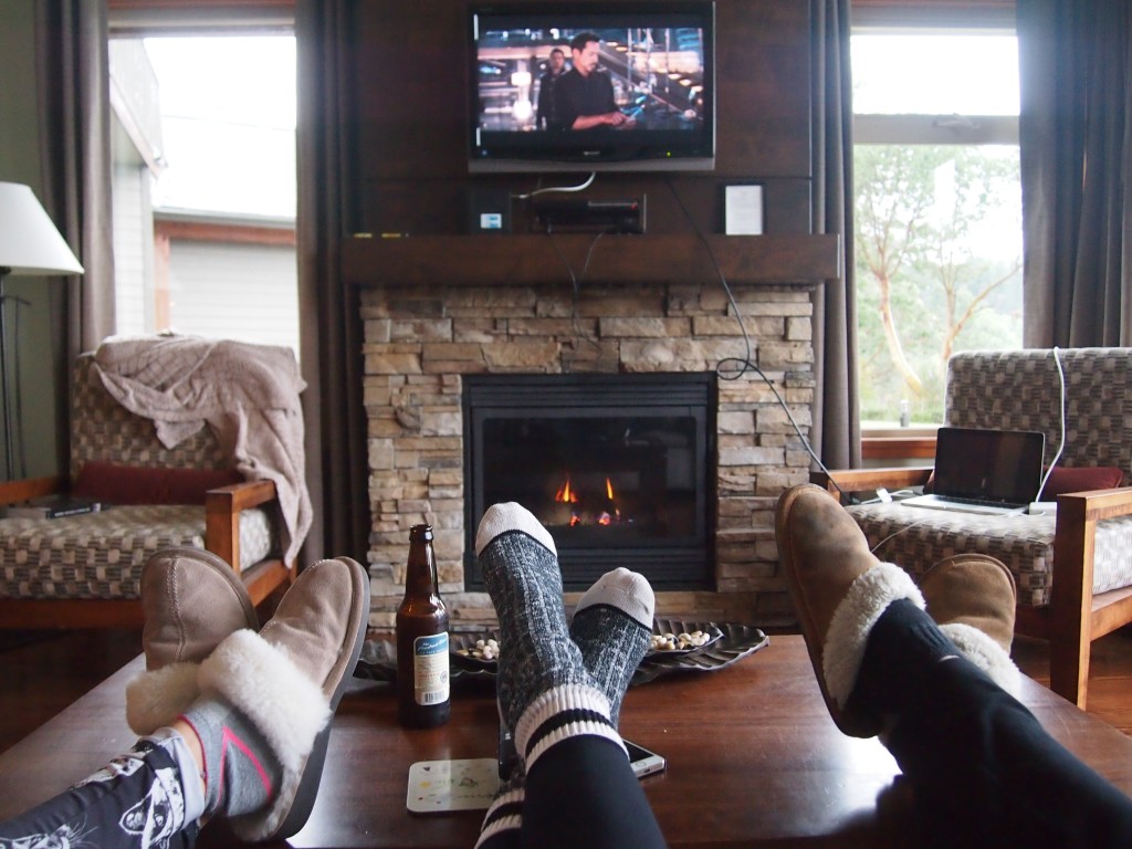 Watching movies in the cabin on Mayne Island
