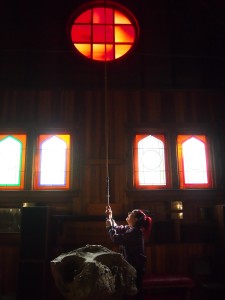 Ringing the bell at St. Mary Magdalene Church, Mayne Island BC