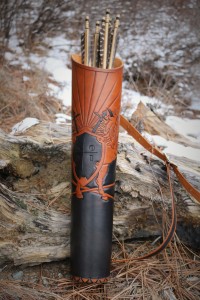 Center view of custom handmade leather tooled quiver