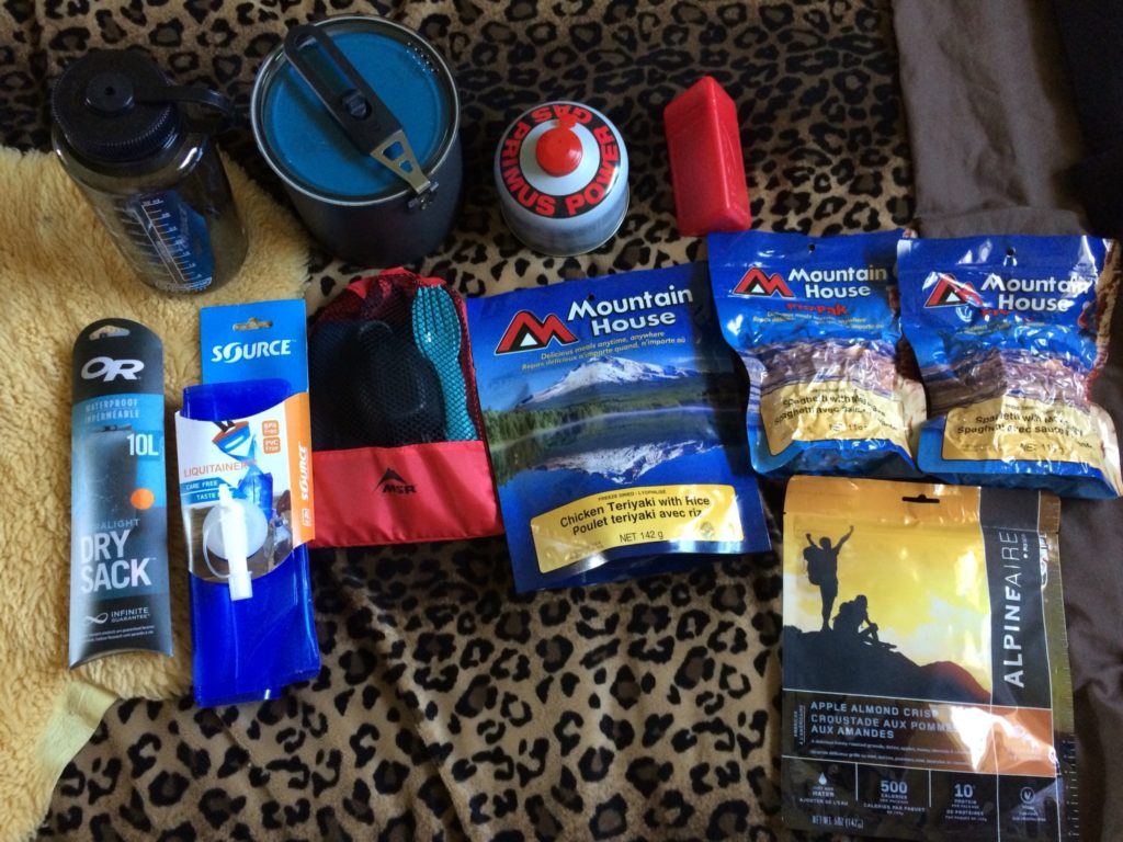 Supplies for overnight hike on the Heather Trail