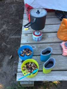 Cooking breakfast on our overnight hike on the heather trail