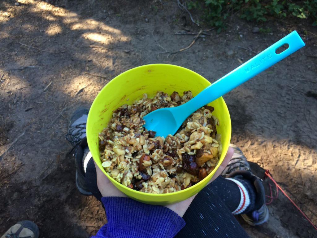 Having breakfast on our overnight hike on the heather trail