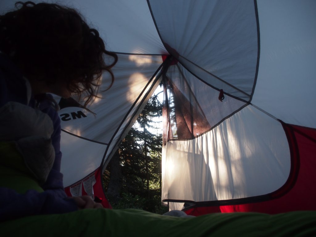 Waking up in the kicking horse wilderness campsite on the heather trail